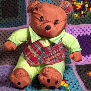 Vintage 1993 Christmas Nylon Teddy Bear 15" Plush International Silver 90s